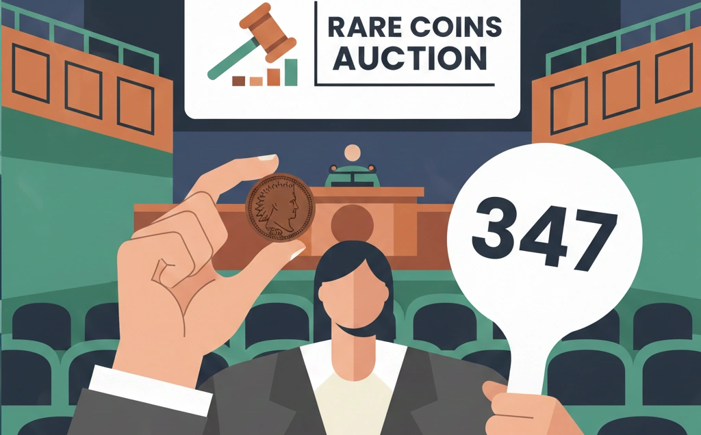 A person holding a penny in one hand and auction paddle in the other, coin auction hall in background