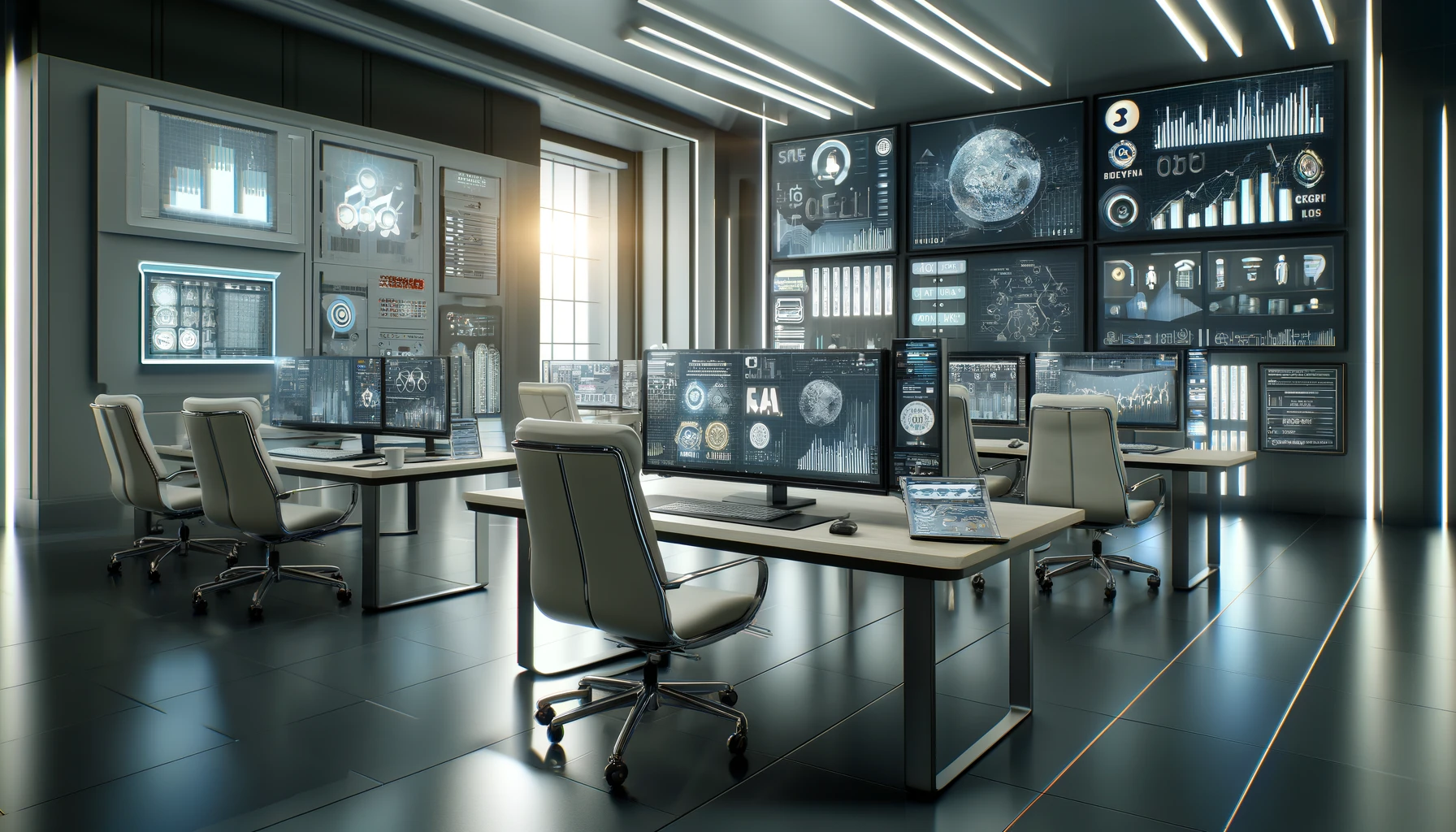 A digital advertising workspace is featuring multiple computer screens displaying graphs, analytics, and digital ad content.