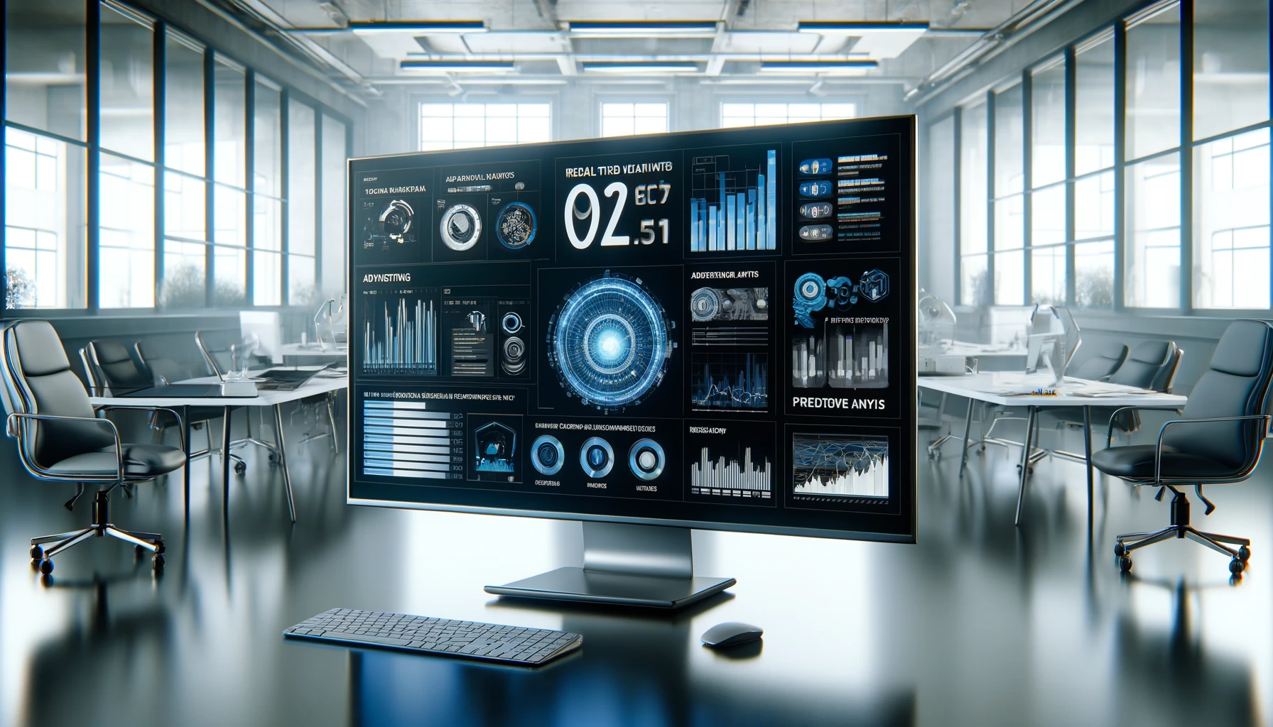 An advanced AI analytics dashboard for advertising is displayed on a sleek, wide monitor.