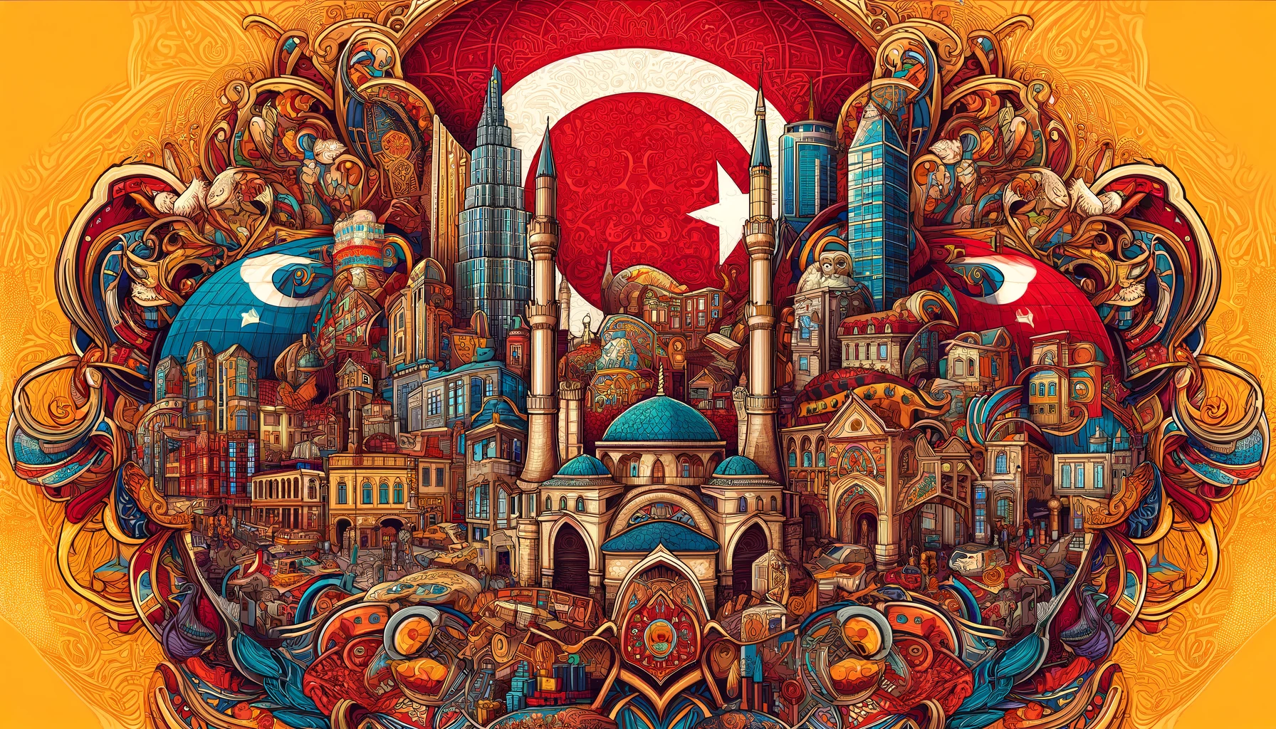 A rich and intricate illustration depicting the cultural diversity of the Turkish market, focusing on the fusion of European, Middle Eastern, and Central Asian influences.