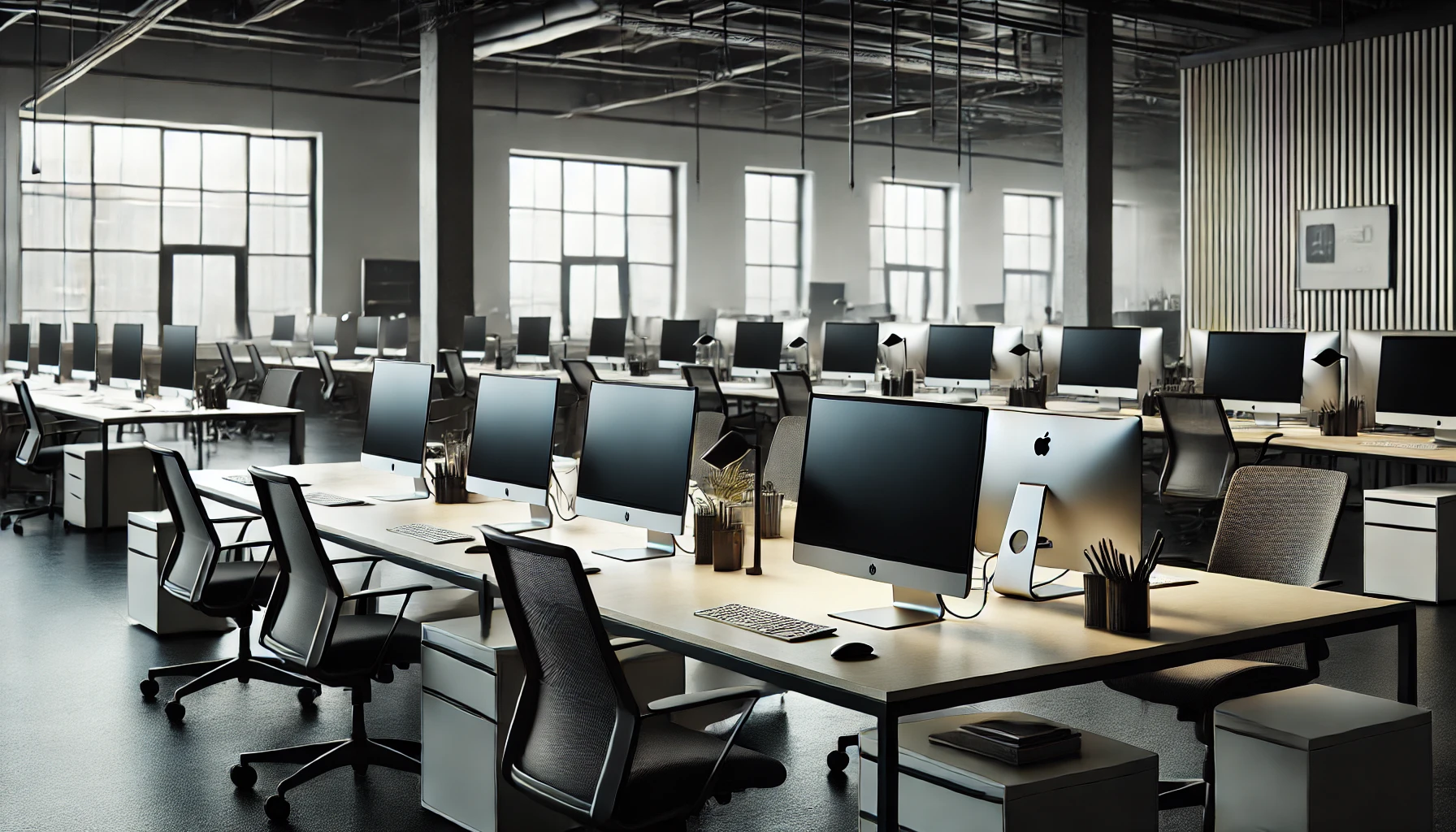 A modern office with neatly organized desks and multiple computers, set against a backdrop of large windows and a clean, professional atmosphere.