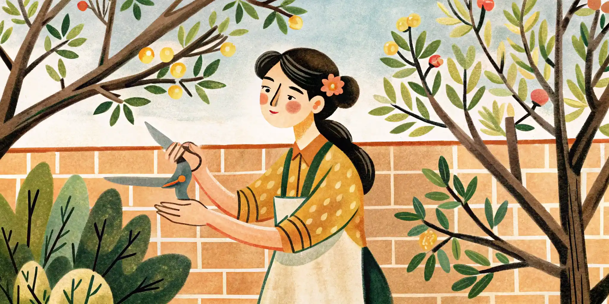 woman cuts the tree's branch in the garden