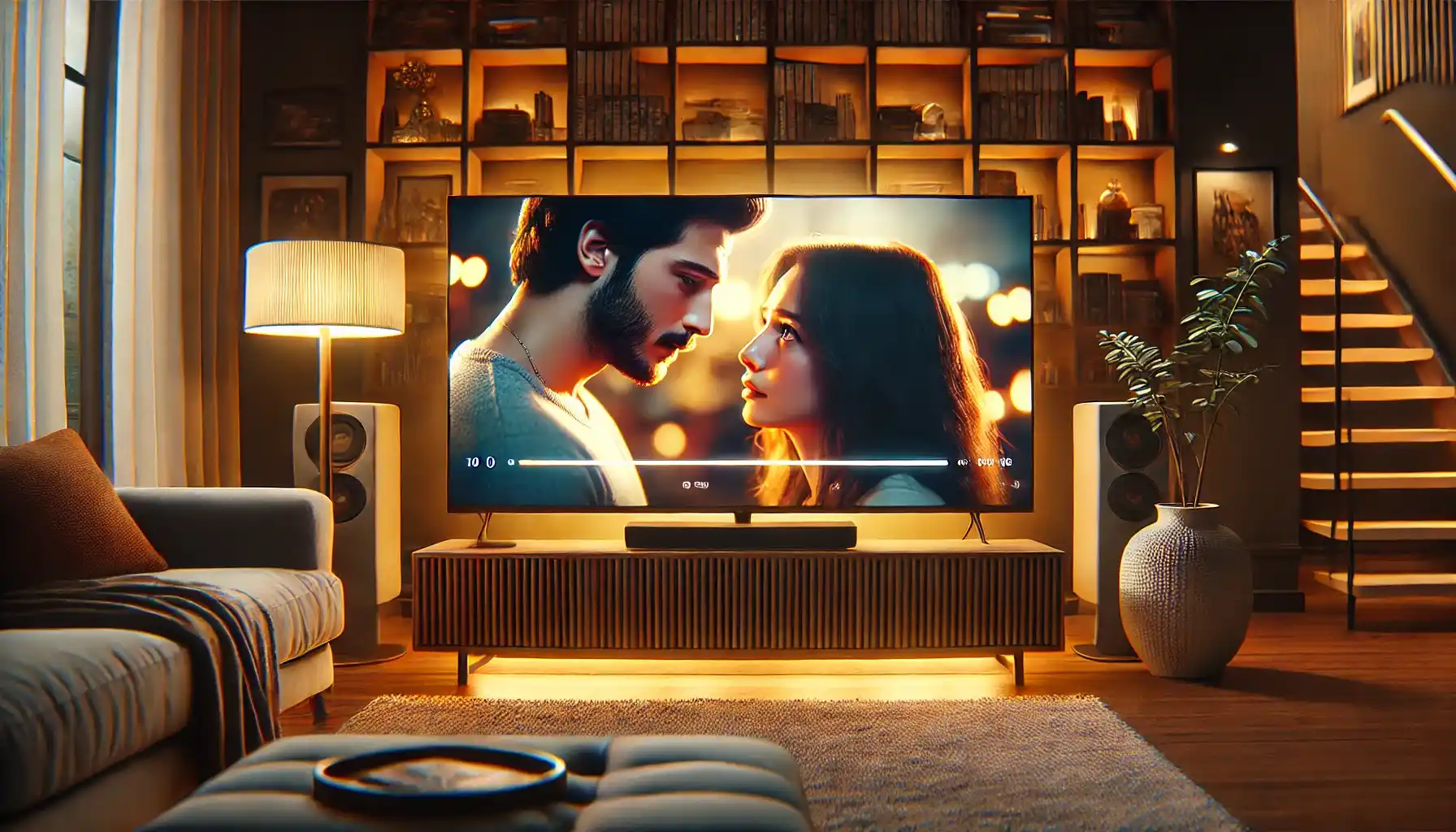 a TV screen displaying a Turkish drama series. The scene on the screen shows an intense emotional moment between two main characters.