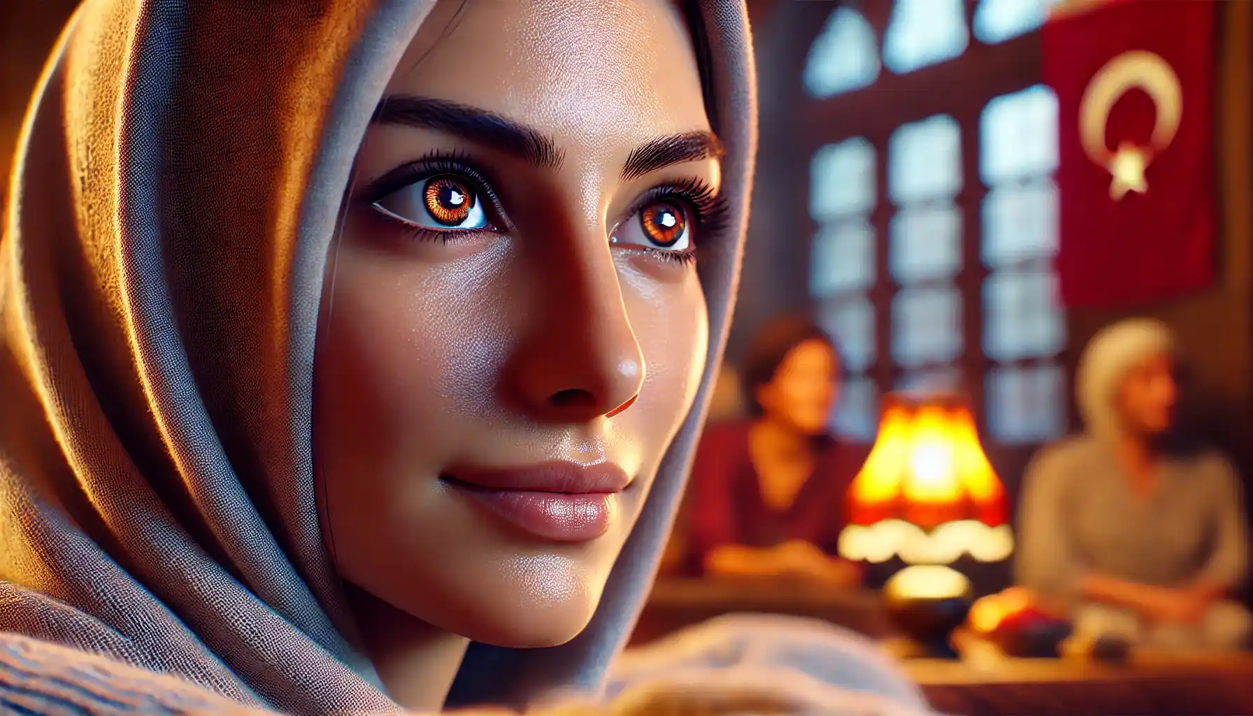 a close-up of a Turkish woman watching TV. Her face is illuminated by the glow of the television screen. She is wearing a comfortable headscarf, and the background is blurred.